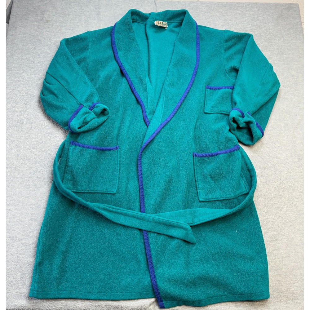 Vintage LL Bean Robe Adult Teal Green Blue Sleep Bath Lounge Pockets Tie Waist